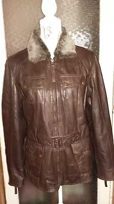 Buy Ladies Hide Park Brown Leather Belted Jacket Detachable Faux Fur Collar XL VGC • 32£