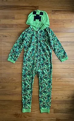 Buy Kids Unisex MINECRAFT Creeper Green Black One Piece Zip Up Hooded Pajamas Sz 10 • 12.81£