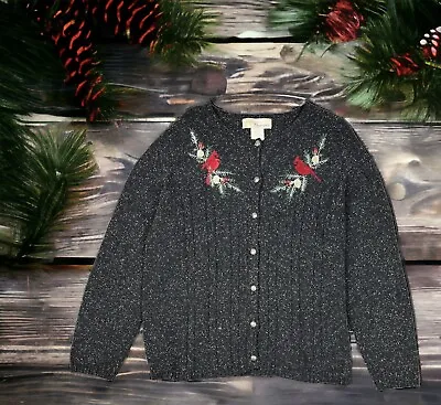 Buy VTG Christmas Cardigan Sweater Salt & Pepper Knit Button Up Birds Nature Holiday • 24.01£