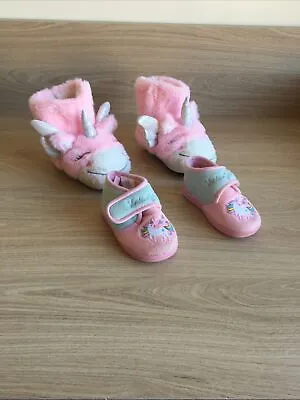 Buy 2 Pairs Girls Pink Unicorn Fluffy Slippers  - Shoe  Size 4.  Booties  Size  5 • 6.65£