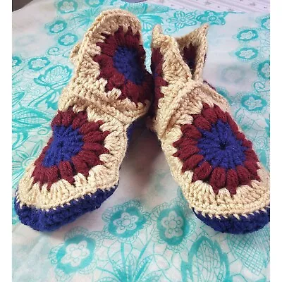 Buy Crocheted Unisex Granny Square Retro Bootie Slippers Burgundy Blue Cream Size M • 21.19£