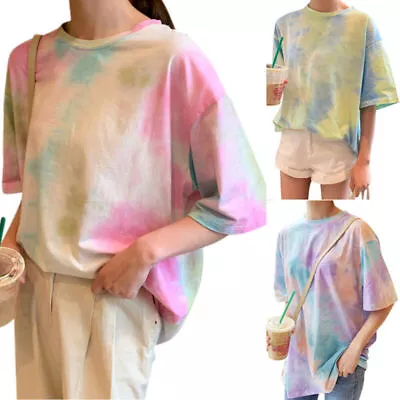 Buy Lady Ladies Tie-Dye Short Sleeve T-shirt Crew Neck SummerBaggy Tee Blouse Tops♡ل • 10.63£