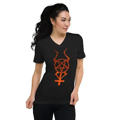 Buy Flame Horned Pentacross Pentagram Cross Unisex Short Sleeve V-Neck T-Shirt • 27.67£