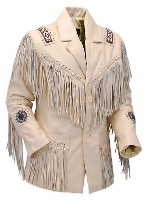Buy Men-Women Cream Native American Fringe Cowhide Leather Jacket Western Wear Coat • 139.99£