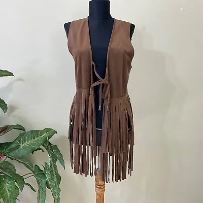 Buy Women’s Vest Tie Front  Brown Faux Suede Fringe Rodeo Western Boho Yellowstone • 26.52£