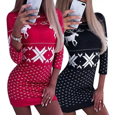 Buy Women Christmas Mini Jumper Dress Xmas Party Sweater Bodycon Sexy Slim Dresses • 13.67£