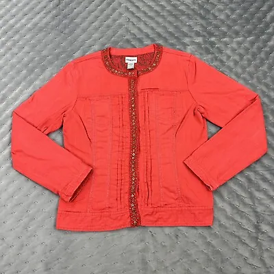 Buy Chicos Jacket Womens 1 Red Coral Twill Snap Button Rhinestone Stretch Boho Gypsy • 23.15£