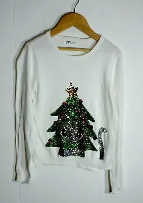 Buy H&M Girls Sequin Christmas Tree Knit Jumper -white- Age 6-8 Years (NA143) • 4.99£