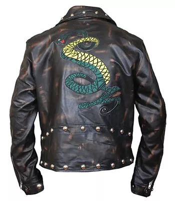 Buy Men's Real Leather Distressed Brown Snake Logo Design Rule Jacket • 29.99£