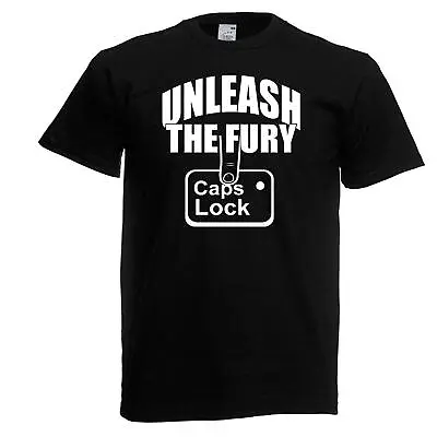 Buy Unisex Black Caps Lock Unleash The Fury Geek Gamer Gaming PC T-Shirt • 12.95£