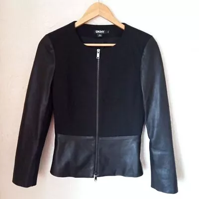 Buy DKNY Black Fitted Jacket W Leather Detailing To Sleeves & Peplum S Small • 46.99£