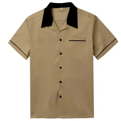 Buy Mens Brown Vintage Bowling Shirt Rockabilly Clothing Hip Hop Shirts • 19.07£