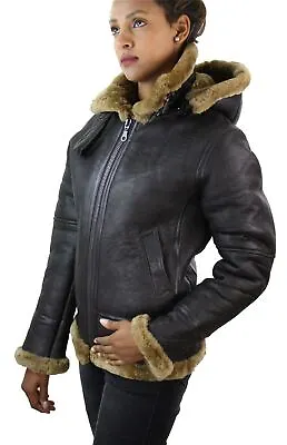 Buy Ladies Aviator New Ginger Women's Hooded Real Shearling Sheepskin Leather Jacket • 299.99£