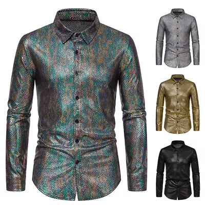 Buy Men's Snake Skin Shirt Casual Slim Shirts Long Sleeve Button Down Tops Blouse • 29.99£