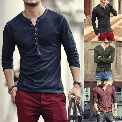 Buy Mens Casual T-shirt Long Sleeve Solid Tops Raglan Pullover V-neck Cotton Shirts • 17.10£