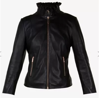 Buy Ted Baker Womens Ovine Leather Black Jacket 3/4 Sleeves Rose Gold Ruffed Neck  • 220£
