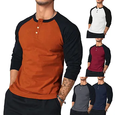 Buy Mens Long Sleeve Henley Raglan T Shirt Grandad Neck Contrast T-Shirt New Top UK • 8.51£