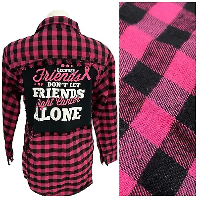 Buy Upcycled Flannel Shirt Womens L Fight Breast Cancer Pink Country Grunge Camp • 45.33£