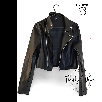 Buy Lightweight Black Faux Leather Cropped Biker With Silver Hardware Jacket Size S • 11.99£
