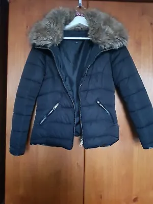 Buy Black Winter Jacket With Fur Collar Size UK 8 • 18£