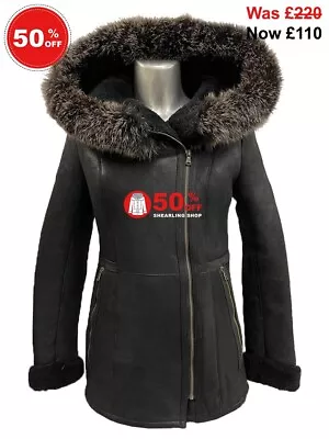 Buy SIGNATURE Ladies Sheepskin Jacket Black Real Marino Shearling Hooded Long Jacket • 82.50£