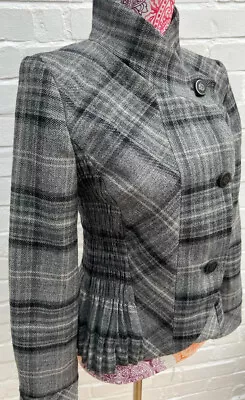 Buy Zara Grey Check Plaid Jacket Wool Blend Steampunk Asymmetrical Small UK 8-10 • 26.99£