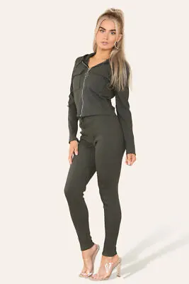 Buy Womens Zip Up Ribbed Hooded Top Jogger Tracksuit Set Ladies 2pcs Loungewear • 20.99£