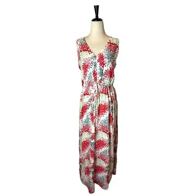 Buy Lucky Brand White And Red Floral Print V Neck Tie Waist Sleeveless Maxi Dress L • 23.13£