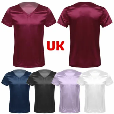 Buy Mens Shiny Satin T-Shirt V Neck Short Sleeve Tops Loose Pajamas Shirts Sleepwear • 9.99£