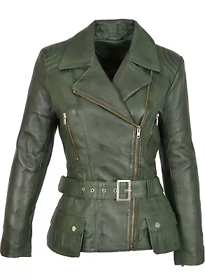 Buy Ladies Real Leather Biker Jacket Casual Ceila Green Khaki Autumn Winter XL  • 99.99£