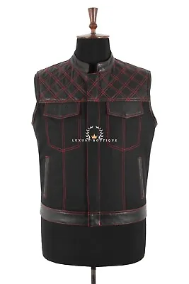 Buy Men's Leather Vest Cordura Black Biker Waistcoat Red Stitching Quilted SOA Vest • 49.99£