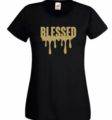 Buy Blessed T Shirt Fashion Black Pink Women 8-20 Cotton Summer Slogan New Quote Top • 10.49£
