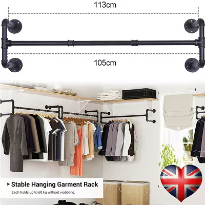 Buy 105CM Industrial Pipe Clothing Rack Wall Mounted Clothes Rail Hanging Display UA • 19.99£