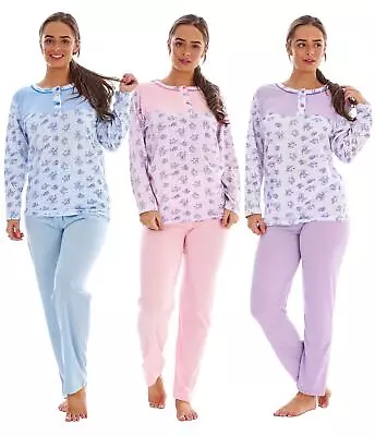 Buy Ladies Floral Pyjama Set Crew Neck Long Sleeve Button 100% Cotton Soft Sleepwear • 13.95£