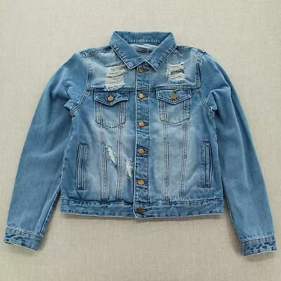 Buy Fashion Nova Womens Jean Denim Jacket Distressed Long Sleeve Pockets Blue Sz S • 20.15£