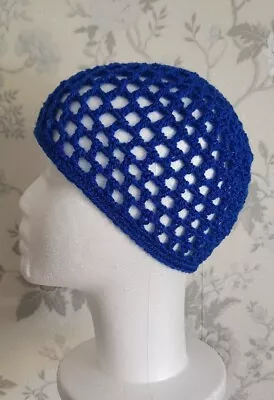 Buy BLUE  SPARKLE CROCHET MESH SKULL CAP HAT 70s Fancy Dress, Party, ABBA HAT 60s • 7.99£
