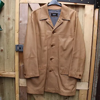 Buy HUGO BOSS Mens Leather Jacket 56 Light Brown Lamb Long Lapel Designer Button • 149.99£