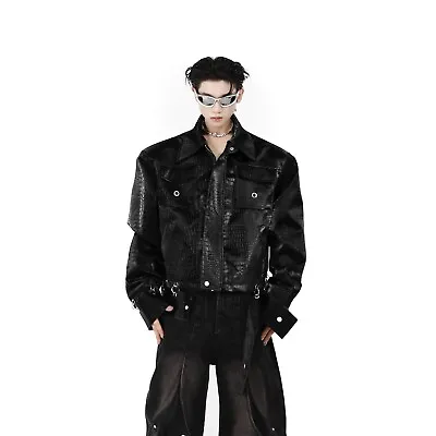 Buy Men's Autumn Fashion Lapel Long Sleeve Loose Metal Decor Faux Leather Jackets • 29.88£