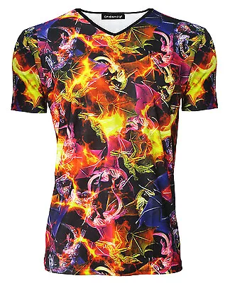 Buy Men's Multi Fire Gothic Dragons Alternative Printed V-Neck T-Shirt Tee Top • 21.99£