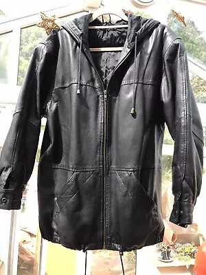 Buy Ladies Black Leather Jacket Hooded Full Zip Size 12 Vintage 80’s 90’s • 45£