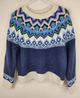 Buy Christmas Sweater Womens M Blue Cream Fair Isle Wool Blend Soft Comfort Casual • 25.04£