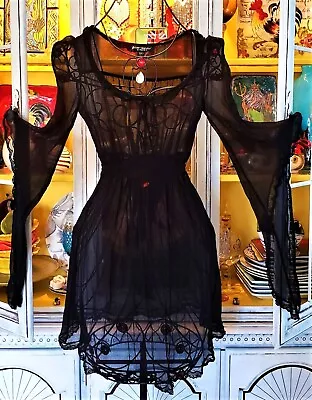 Buy Vintage Betsey Johnson Evening Black Sheer Gauze Crochet Batwing Dress Sz Small • 241.04£