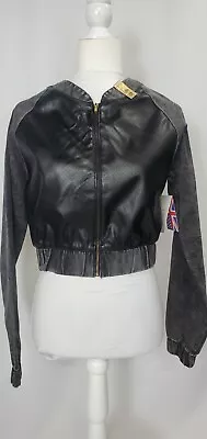 Buy Womens Cropped Jacket Medium Black Faux Leather And Denim Zip Long Sleeve NEW • 20.23£