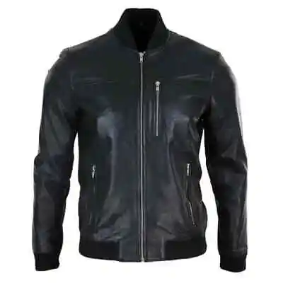 Buy Mens Black Leather Bomber Jacket • 95£