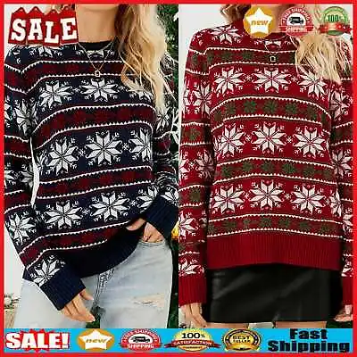 Buy Women Christmas Sweater Snowflake Striped Print Lady Pullover Simple Sweater Top • 16.75£