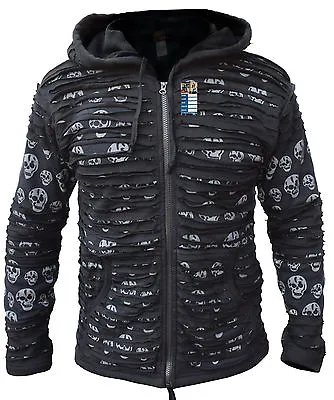 Buy Men's Skull Printed Black Cotton Razorcut Long Hood Jacket Festival Goth Hoodie • 49.99£