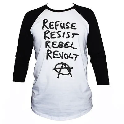 Buy Anarchy Punk Rock T-shirt Resist Revolt Refuse 3/4 Sleeve Unisex S-XL • 17.10£