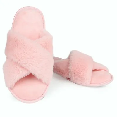 Buy Ladies Womens Fluffy Cross Over Slippers Sliders Open Toe Faux Fur Mules Shoes • 9.52£