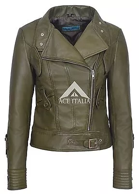 Buy Ladies Leather Jacket OLIVE Biker Motorcycle Army Style 100% REAL NAPA 4110 • 102£