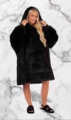 Buy BNWOT Black Faux Fur Oversized Hoodie One Size  • 8.99£